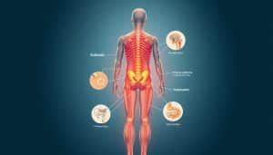 A detailed medical diagram showcasing various hip and back pain conditions. Crisp, high-resolution rendering with a clean, scientific aesthetic. Centered composition with the human body in the middle ground, surrounded by labeled anatomical illustrations of common musculoskeletal issues like sciatica, herniated discs, piriformis syndrome, and trochanteric bursitis. Subtle blue-gray color palette with warm lighting from an overhead source, casting gentle shadows. Precise, technical linework and subtle shading to emphasize the intricate details of the human form and affected areas. The overall mood is informative and educational, designed to clearly communicate the subject matter.