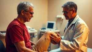 A medical examination room bathed in warm, soft lighting. In the foreground, a physician carefully examines a patient's leg, looking for subtle signs of injury or discomfort. The patient's expression conveys a mixture of concern and trust, as the doctor meticulously palpates the affected area. In the middle ground, various diagnostic tools and equipment are neatly arranged, suggesting a thorough, evidence-based approach to pain management. The background features calming, neutral-toned walls, creating a serene and professional atmosphere conducive to open communication and effective treatment planning.