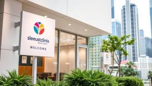 A modern, well-equipped sports injury clinic nestled in a bustling urban landscape. The exterior features a clean, minimalist design with large windows allowing natural light to flood the interior. In the foreground, a prominent sign displays the clinic's name and logo, conveying a sense of professionalism and expertise. The middle ground showcases the clinic's welcoming entrance, with a glass door and an inviting seating area visible through the windows. The background depicts the vibrant surroundings of the city, with towering buildings and lush greenery, creating a dynamic and energetic atmosphere. The lighting is crisp and evenly distributed, highlighting the clinic's attention to detail and high-quality care.