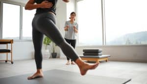 A person performing dynamic stretches and strengthening exercises in a well-lit physical therapy clinic. The foreground shows the client's lower body in motion, with their legs extended and core engaged. The middle ground features the therapist guiding the client through the movements, using their hands to provide gentle support and feedback. In the background, a serene landscape is visible through large windows, creating a calming atmosphere. The scene is captured with a wide-angle lens, emphasizing the integration of therapy and active movement within a modern, minimalist setting.