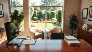 A professional office setting with a warm, inviting atmosphere. In the foreground, a polished wooden desk with a modern computer and neatly organized paperwork, signifying efficient direct billing and insurance processing. Behind the desk, a large window offers a picturesque view of a lush, landscaped garden, bathed in soft, natural lighting. In the middle ground, two comfortable chairs face the desk, creating an atmosphere of trust and collaboration between the staff and clients. The walls are adorned with framed certificates and artwork, conveying a sense of expertise and care. The overall scene radiates a seamless, hassle-free experience for managing insurance and billing matters.
