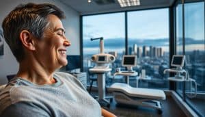 A serene clinical setting in Calgary, showcasing the expertise of a sports therapy practice. In the foreground, a patient undergoing a comprehensive pain evaluation, their expression one of trust and relief. The middle ground features an array of state-of-the-art diagnostic equipment, meticulously arranged and softly illuminated. In the background, a panoramic view of the city skyline, hinting at the practice's deep connection to the local community. The scene exudes a sense of professionalism, empathy, and a commitment to providing exceptional care. Captured through a wide-angle lens, the image conveys the practice's holistic approach to pain management.