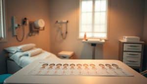 A serene clinical setting, with a prominent table displaying an array of self-reported pain scales. The scales feature a spectrum of expressions, from mild discomfort to excruciating agony, illustrated through detailed facial features and body language. Soft, diffused lighting casts a warm glow, creating a calming atmosphere. The table is positioned in the foreground, with medical equipment and supplies subtly visible in the background, suggesting a professional healthcare environment. The overall composition emphasizes the importance and utility of these pain assessment tools in the context of physiotherapy services.