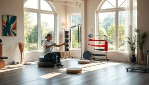 A serene, sun-dappled physical therapy clinic, its walls adorned with vibrant artwork. In the foreground, a patient and their physiotherapist engaged in a customized exercise routine, using specialized equipment tailored to the individual's needs. The middle ground showcases an array of recovery tools, from resistance bands to balance boards, reflecting the personalized approach. The background features large windows overlooking a tranquil garden, creating a calming, restorative atmosphere. Soft, warm lighting illuminates the scene, conveying a sense of care and attention to detail. The overall composition suggests a holistic, empathetic approach to rehabilitation, where the patient's unique requirements are the focus.