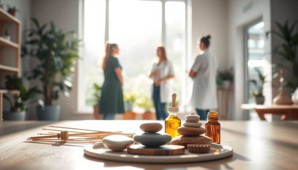 A serene, sun-drenched clinic filled with soothing natural elements. In the foreground, various holistic wellness tools like acupuncture needles, massage stones, and essential oils are neatly arranged, conveying an integrative approach to pain management. The middle ground features a team of healthcare professionals, including a physiotherapist, a chiropractor, and a naturopathic doctor, engaged in collaborative discussion. The background showcases a calming, plant-filled waiting area, where patients can find respite and a sense of tranquility. Soft, diffused lighting casts a warm, inviting glow throughout the space, creating an atmosphere of healing and well-being.