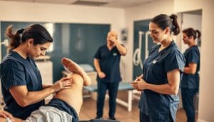 A skilled physiotherapy team stands ready to assist, captured in a dynamic, well-lit scene. In the foreground, two physiotherapists intently examine a patient's leg, their expressions focused and attentive. In the middle ground, another physiotherapist guides a patient through a series of stretches, their movements fluid and controlled. In the background, the clinic's modern, well-equipped treatment area comes into view, creating a sense of professionalism and expertise. The lighting is warm and natural, casting a soft glow over the scene and emphasizing the team's dedication to providing exceptional care. The overall atmosphere conveys a sense of trust, expertise, and a commitment to the patient's wellbeing.