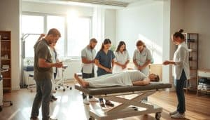 A skilled therapy team working in harmony, captured in a warm, dynamic composition. In the foreground, a diverse group of physiotherapists, occupational therapists, and massage therapists collaborate, their movements fluid and purposeful as they attend to a patient on an examination table. The middle ground features state-of-the-art equipment and treatment areas, bathed in soft, natural lighting that filters in through large windows. In the background, a serene, modern clinic interior with minimalist decor provides a calming, professional atmosphere. The scene conveys a sense of expertise, compassion, and a commitment to holistic patient care.
