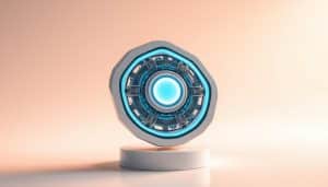 A sleek, futuristic medical device levitates above a minimalist white surface, its intricate mechanisms glowing with a soft, calming light. The device's elegant, angular design suggests advanced pain relief technology, with a soothing blue hue emanating from its core. The background fades into a serene, ethereal space, creating a sense of tranquility and innovation. Warm, directional lighting accentuates the device's curves and highlights its technological prowess, while a shallow depth of field draws the viewer's focus to the central, captivating device.
