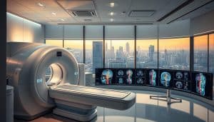 A state-of-the-art medical imaging suite, bathed in a soft, clinical glow. In the foreground, a cutting-edge MRI scanner, its sleek, futuristic design hinting at the powerful technology within. The middle ground reveals a bank of high-resolution monitors, displaying intricate 3D renderings of the human anatomy, meticulously detailed and color-coded. In the background, a panoramic window offers a glimpse of the bustling city beyond, a juxtaposition of advanced diagnostics and the dynamic urban landscape. The atmosphere is one of precision, innovation, and the relentless pursuit of medical excellence.