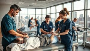 A team of dedicated physiotherapists working together in a modern, well-equipped clinic in Calgary. In the foreground, three physiotherapists in scrubs are assisting a patient on a rehabilitation table, their faces focused and their body language conveying empathy and expertise. In the middle ground, other physiotherapists are providing hands-on treatment to patients, surrounded by state-of-the-art equipment and a calming, professional atmosphere. The background features large windows overlooking the city, bathing the scene in warm, natural light and creating a serene, welcoming environment. The overall impression is one of a highly skilled, collaborative team committed to delivering exceptional physiotherapy services.