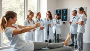 A team of healthcare professionals collaborating in a bright, airy clinic setting. In the foreground, a physiotherapist guiding a patient through stretching exercises, with an occupational therapist and a registered massage therapist observing. In the middle ground, a psychologist and a dietitian engaged in discussion. In the background, a sports medicine physician and a chiropractor reviewing x-rays. Soft, natural lighting filters in through large windows, creating a calming, professional atmosphere. The team members wear crisp, white medical attire, conveying a sense of expertise and care.