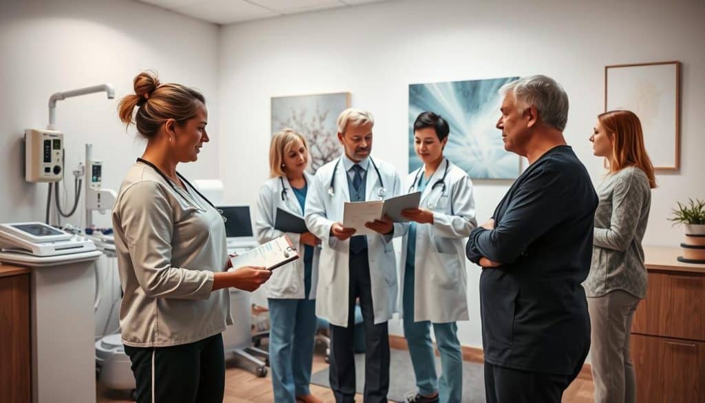 A team of healthcare professionals gathered in a warm, well-lit clinic room, discussing treatment options for a patient experiencing chronic pain. In the foreground, a physiotherapist demonstrates exercises while a nurse takes notes. In the middle ground, a pain management specialist reviews test results with the patient, and a clinical psychologist listens attentively. The background features modern medical equipment and soothing artwork, conveying a sense of holistic, collaborative care. Soft, diffused lighting illuminates the scene, creating an atmosphere of trust, expertise, and patient-centered approach to managing complex pain conditions.