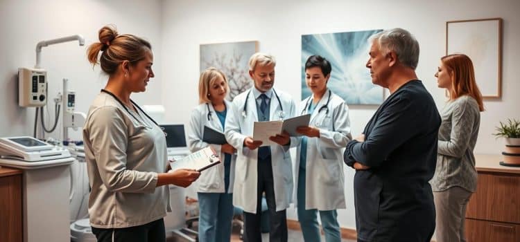 A team of healthcare professionals gathered in a warm, well-lit clinic room, discussing treatment options for a patient experiencing chronic pain. In the foreground, a physiotherapist demonstrates exercises while a nurse takes notes. In the middle ground, a pain management specialist reviews test results with the patient, and a clinical psychologist listens attentively. The background features modern medical equipment and soothing artwork, conveying a sense of holistic, collaborative care. Soft, diffused lighting illuminates the scene, creating an atmosphere of trust, expertise, and patient-centered approach to managing complex pain conditions.