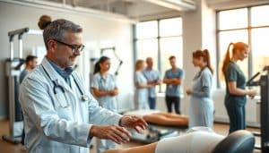 A team of healthcare professionals in a modern, well-equipped physiotherapy clinic. In the foreground, a physiotherapist guides a patient through a series of recovery exercises, their faces expressing focus and determination. In the middle ground, other members of the team - nurses, occupational therapists, and sports trainers - collaborate, discussing treatment plans and monitoring progress. The background features state-of-the-art medical equipment, sleek and minimalist in design, bathed in warm, natural lighting that filters in through large windows. An atmosphere of professionalism, expertise, and care permeates the scene, reflecting the clinic's commitment to helping patients achieve optimal health and recovery.