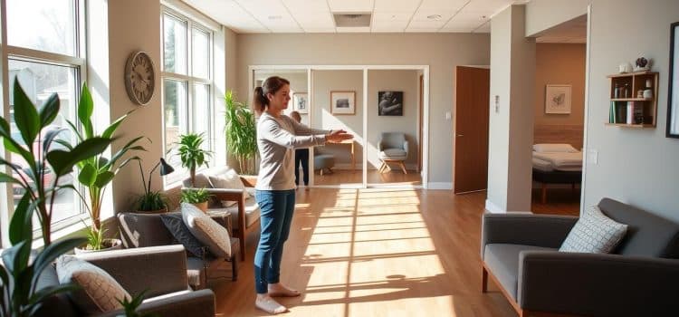 A warm, inviting interior of a modern physiotherapy clinic in Calgary, Alberta. The reception area features comfortable seating, plants, and natural lighting streaming in through large windows. In the middle ground, a physiotherapist guides a patient through gentle stretching exercises, their faces conveying a sense of trust and collaboration. In the background, further treatment rooms are visible, each designed with the patient's well-being in mind. The overall atmosphere exudes a calming, patient-centered experience, reflecting the clinic's dedication to personalized care.