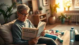 A warm, inviting scene of a patient actively engaged in self-care activities. In the foreground, a person sits on a comfortable chair, reading from a well-worn handbook on rehabilitation exercises. Warm lighting from a nearby window softly illuminates the scene, casting a gentle glow on the patient's face, conveying a sense of calm and focus. In the middle ground, various self-care tools and aids, such as resistance bands, a foam roller, and a water bottle, are neatly arranged, suggesting a well-equipped and empowered environment. The background depicts a serene, nature-inspired setting, with potted plants and soothing artwork on the walls, creating an atmosphere of tranquility and mindfulness. The overall composition evokes a sense of personal agency, education, and the patient's active role in their own rehabilitation journey.