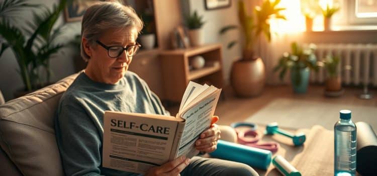 A warm, inviting scene of a patient actively engaged in self-care activities. In the foreground, a person sits on a comfortable chair, reading from a well-worn handbook on rehabilitation exercises. Warm lighting from a nearby window softly illuminates the scene, casting a gentle glow on the patient's face, conveying a sense of calm and focus. In the middle ground, various self-care tools and aids, such as resistance bands, a foam roller, and a water bottle, are neatly arranged, suggesting a well-equipped and empowered environment. The background depicts a serene, nature-inspired setting, with potted plants and soothing artwork on the walls, creating an atmosphere of tranquility and mindfulness. The overall composition evokes a sense of personal agency, education, and the patient's active role in their own rehabilitation journey.