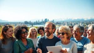 A warm, uplifting scene of Calgary residents sharing their physiotherapy success stories. In the foreground, a diverse group of patients animatedly recounting their journeys to recovery, their faces beaming with pride and gratitude. Behind them, the vibrant cityscape of Calgary serves as a vibrant backdrop, with the iconic Bow River and Rocky Mountains visible in the distance. Soft, natural lighting filters through the scene, creating a sense of hope and inspiration. The overall atmosphere conveys the profound impact of the clinic's patient-centered approach and its positive influence on the local community.