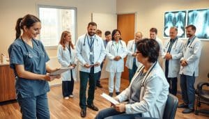 A welcoming team of healthcare professionals gathered in a warm, well-lit clinic setting. In the foreground, a physiotherapist in scrubs is evaluating a patient's mobility, their expressions conveying empathy and care. Behind them, a nurse in a crisp white uniform hands medical charts to a smiling receptionist at the front desk. In the background, a team of doctors and therapists, each wearing name badges, confer over x-rays displayed on a light board, their body language suggesting collaboration and expertise. The overall atmosphere is one of professionalism, compassion, and a commitment to personalized patient-centered care.