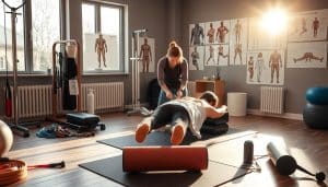 A well-equipped physiotherapy clinic, bathed in soft, natural lighting from large windows. In the foreground, exercise equipment and tools used in targeted pain and injury programs - resistance bands, foam rollers, massage tools. In the middle ground, a patient undergoing a targeted treatment, the physiotherapist's hands gently guiding them. In the background, anatomical diagrams and images depicting the diverse conditions treated, a testament to the clinic's specialized expertise. The atmosphere is calm, focused, and therapeutic, conveying the care and attention to detail that defines the clinic's approach to targeted pain and injury management.