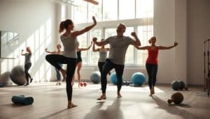 A well-lit indoor exercise studio with soft, natural lighting filtering through large windows. In the foreground, a person performing various rehabilitation exercises such as stretching, balance training, and light resistance training. Their movements are fluid and intentional, showcasing their commitment to the recovery process. The middle ground features additional exercise equipment like stability balls, resistance bands, and foam rollers, hinting at the diverse range of therapeutic activities. The background has a serene, calming ambiance, with soothing colors and minimal distractions, creating an environment conducive to healing and restoration.