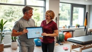 A well-lit physiotherapy clinic setting, with a large window offering natural light and a tranquil garden view in the background. In the foreground, a patient and a physiotherapist stand side by side, discussing a personalized treatment plan displayed on a tablet device. The physiotherapist's pose is one of attentive guidance, while the patient's expression conveys engaged understanding. The middle ground features various rehabilitation equipment, such as exercise balls, resistance bands, and a massage table, suggesting a comprehensive and tailored approach to the patient's needs. The overall mood is one of professionalism, personalized care, and a collaborative patient-practitioner relationship.