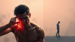 Acute vs chronic pain differentiation: A high-resolution digital painting showcasing the contrasting attributes of acute and chronic pain. In the foreground, a vivid depiction of acute pain - sharp, piercing, and immediate, with a figure grimacing in distress. In the middle ground, a gradual shift to the dull, persistent nature of chronic pain, represented by a figure in a more subdued, weary posture. The background blends soothing, muted tones to convey the ongoing struggle and the need for targeted approaches. Masterfully rendered with a cinematic lighting setup and a subtle color palette, the image evokes a sense of empathy and the importance of understanding the nuances between these two distinct pain experiences.