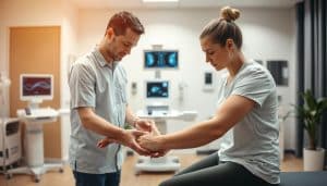 An injury assessment process unfolds in a well-lit, modern clinical setting. In the foreground, a physiotherapist carefully examines a patient's injured limb, evaluating range of motion, swelling, and other indicators. The middle ground features diagnostic equipment like ultrasound and X-ray machines, conveying the comprehensive nature of the assessment. In the background, soothing neutral tones and minimalist decor create a calming, professional atmosphere. Soft, directional lighting accentuates the focus on the assessment, while a shallow depth of field draws the viewer's attention to the critical interaction between the clinician and patient.