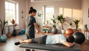 Integrative therapy techniques in a physiotherapy treatment room with natural lighting. Foreground: a physiotherapist demonstrating various manual therapy techniques on a patient, focused on their spine and posture. Middle ground: exercise equipment like resistance bands, foam rollers, and stability balls. Background: calming wall art, potted plants, and minimalist decor creating a serene, holistic atmosphere. Warm, diffused lighting from large windows casts a soft glow, conveying a sense of tranquility and wellness. The scene captures the collaborative, hands-on approach of modern physiotherapy practice.
