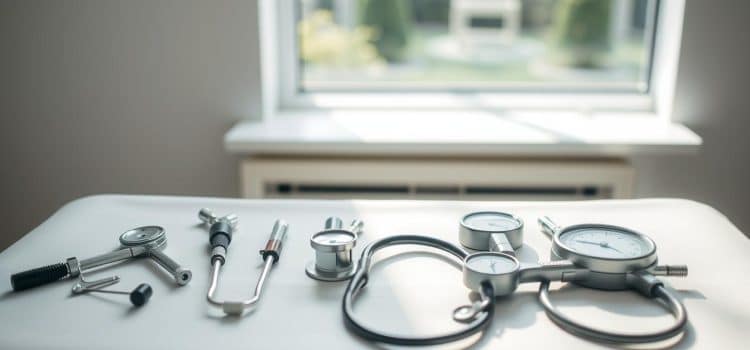 Observational pain assessment tools arranged on a clean, well-lit clinical examination table. Diverse medical instruments including a goniometer, a reflex hammer, a stethoscope, and pressure algometers are precisely positioned. The scene is captured from a slightly elevated angle, creating a sense of professionalism and medical expertise. Soft, natural lighting from a large window filters in, casting gentle shadows and highlighting the tools' intricate details. The overall mood is one of clinical efficiency and patient-centered care, reflecting the specialized physiotherapy services offered.