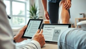 Prompt A personalized treatment plan assessment, depicted with a sense of professionalism and care. In the foreground, a physiotherapist's hands examining a patient's leg, using advanced diagnostic tools. The middle ground showcases a detailed report and customized exercise recommendations displayed on a tablet device. In the background, a soothing, modern physiotherapy clinic setting with natural lighting, clean lines, and calming color tones. The overall atmosphere conveys an atmosphere of expertise, personalized attention, and a holistic approach to rehabilitation.